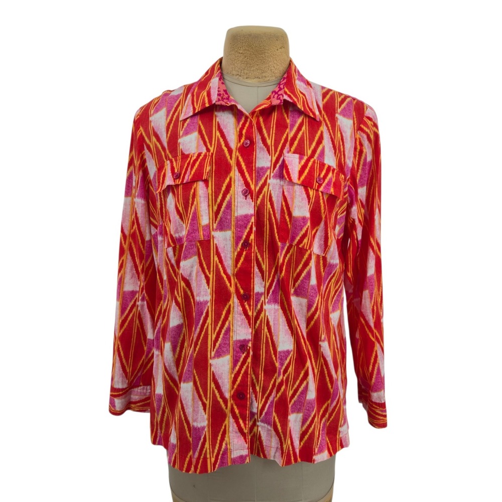 Jones New York Button Down Shirt Women 1X Red Pink Geometric Ikat Career Office
